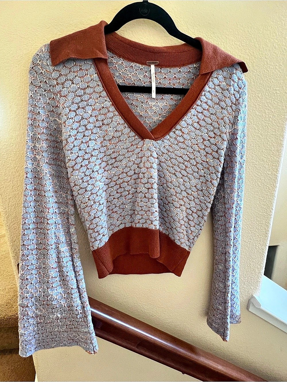 Free People Blue Brown Knit Sweater Top Y2K Inspired Boho Size S